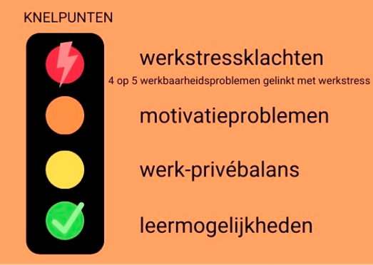 schematische voorstelling: knelpunten zijn werkstressklachten (rood), motivatieproblemen (oranje), werk-privébalans (geel), leermogelijkheden (groen)